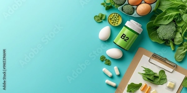 Fototapeta Minimalistic stock photo of a nutritionistâ€™s desk with a vitamin B2 supplement bottle labeled "B2" placed next to a clipboard with a food chart featuring dairy, eggs, and leafy greens