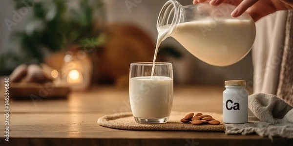 Fototapeta Person pouring almond milk into a glass, a calcium supplement bottle labeled "Ca" standing nearby on the kitchen counter, soft warm lighting.