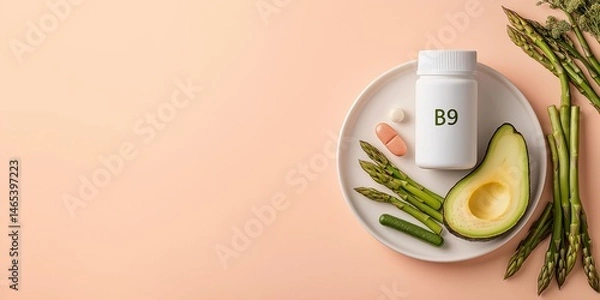 Fototapeta Minimalistic stock photo of a white plate with lentils, asparagus, and sliced avocado, with a vitamin B9 supplement bottle labeled "B9" placed nearby, soft warm lighting, a bright sunny afternoon.