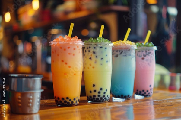 Fototapeta Four Colorful Bubble Teas in a Cafe