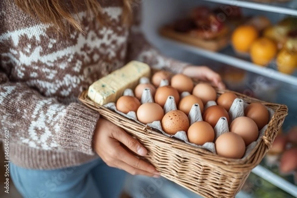 Fototapeta Woman reaching for a basket of eggs and butter inside a well-stocked fridge