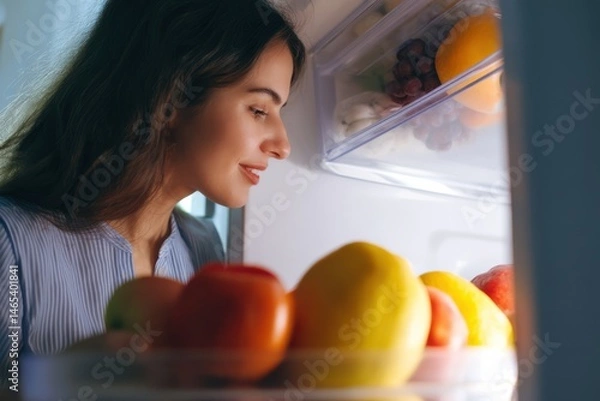Fototapeta Exploring vibrant fresh fruits in a well-stocked fridge at home