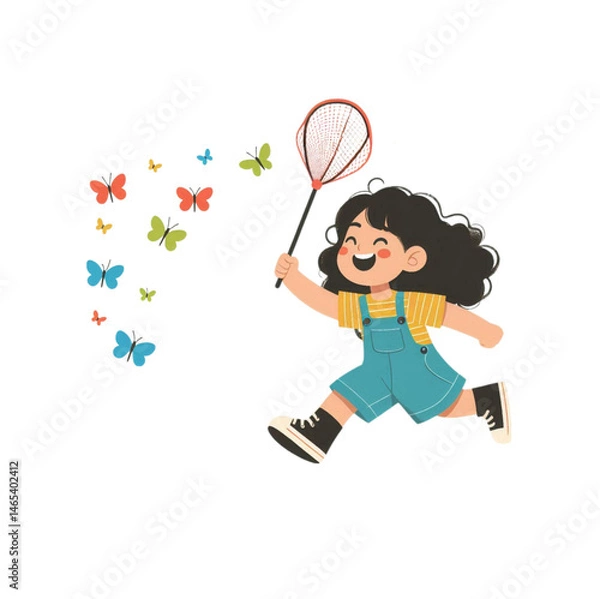Obraz young girl with curly black hair is running happily while holding a red butterfly net, attempting to catch colorful butterflies. Vector illustration