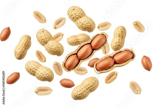 Fototapeta A scattered arrangement of peanuts both shelled and unshelled on a plain white background showing textures