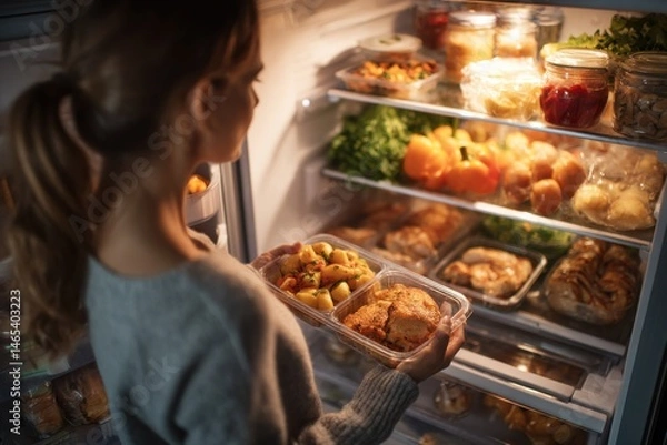 Fototapeta Woman retrieving a prepared meal tray from a well-stocked fridge at home