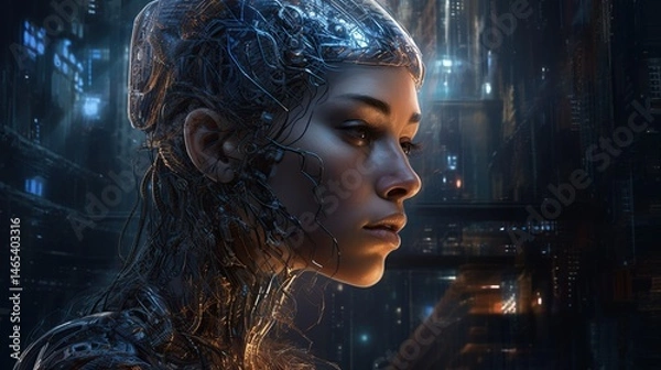 Fototapeta Futuristic woman with cybernetic enhancements in a city