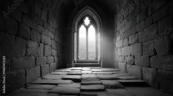 Fototapeta Ornate Gothic Stone Window Framing a Misty Landscape in Monochrome Hall