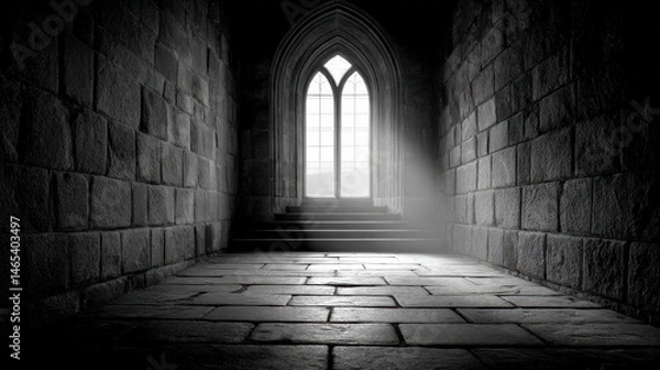 Fototapeta Gothic Stone Stairway Leading to Illuminated Arched Window in Monochrome Hall