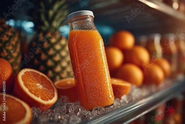 Fototapeta Fridge full of refreshing orange juice bottles and vibrant fruits in a cozy kitchen