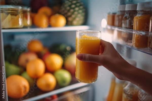 Fototapeta Refreshing orange juice in a cozy kitchen revealed from inside a packed refrigerator