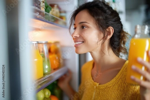 Fototapeta Woman enjoying a refreshing moment with orange juice in a well-stocked fridge