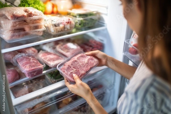 Fototapeta Woman selects packaged meat from a well-stocked fridge while preparing dinner