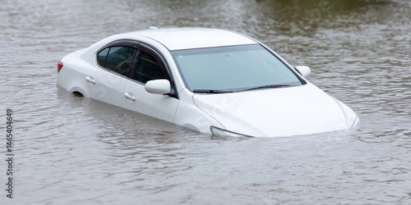 Fototapeta A white car is partially submerged in floodwaters, with water covering more than half of its height. The image concept is natural disaster and flooding