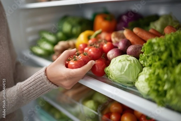 Fototapeta Woman selecting fresh vegetables from an overflowing fridge full of colorful produce