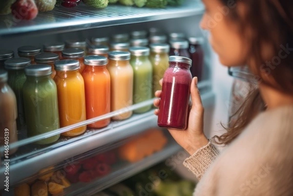 Fototapeta Woman enjoying healthy smoothie choices from a well-stocked fridge full of flavors
