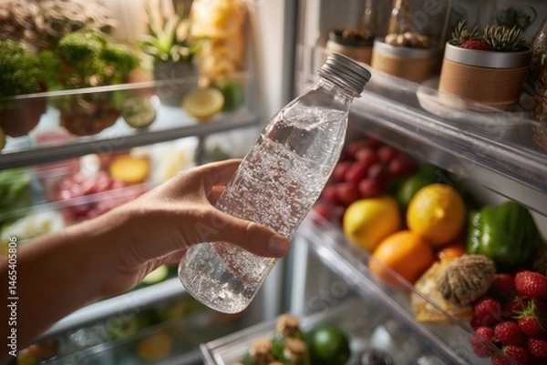 Fototapeta Woman thoughtfully selecting sparkling bottled water from a fully stocked fridge