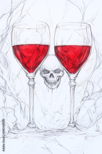 Fototapeta A haunting still life composition, featuring two goblets of ruby-red liquid positioned before a stark skull, evokes a sense of gothic mystery and chilling intrigue.