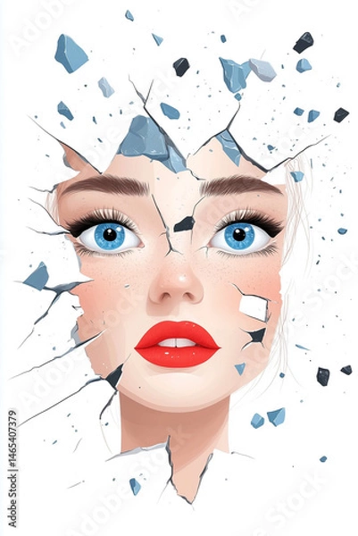 Fototapeta A striking illustration of a woman's face with blue eyes and red lips, her features dramatically framed by shattered, fragmented glass.