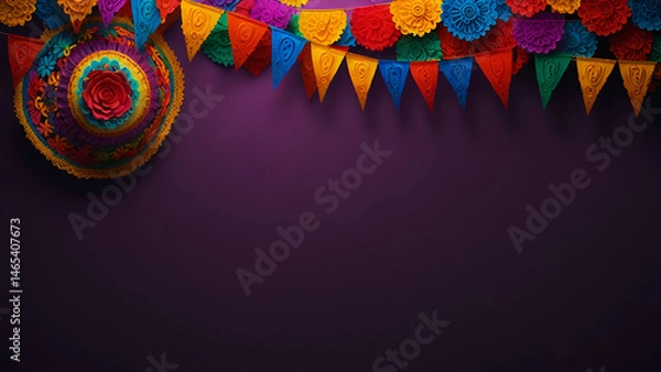 Fototapeta Colorful Party Flags Hanging Against Purple Wall Background for Festive Setup