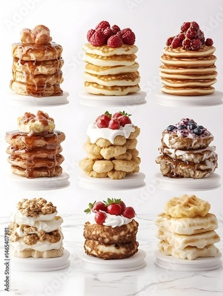 Obraz Nine delectable pancake and waffle stacks, topped with various fruits, syrups, and creams