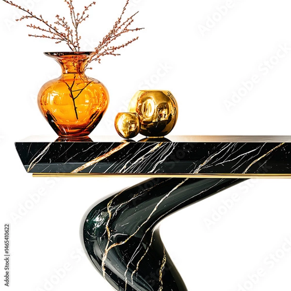 Fototapeta A Modern Black Marble Console Table with Gold Accent Isolated on Transparent Background