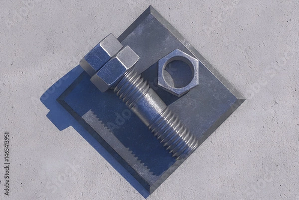 Fototapeta Industrial Bolt and Nut on Metal Plate with Shadow – Top View Isolated