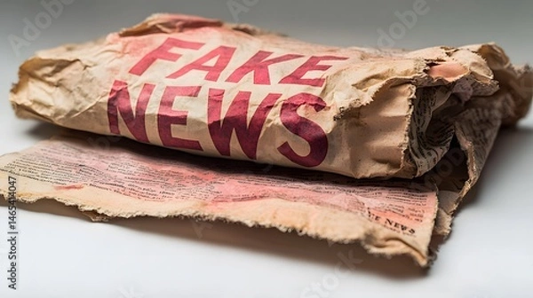 Fototapeta Folded and Crumpled Newspaper with Fake News Printed in Large Red Letters