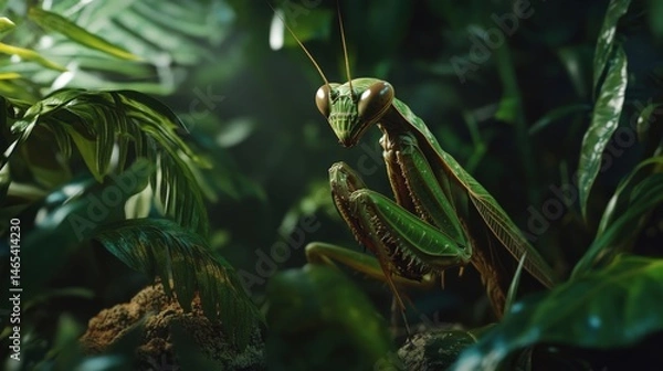 Fototapeta Intense close-up of a praying mantis in lush foliage.