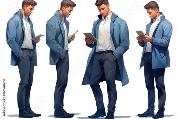 Fototapeta Four views of a man in a blue overcoat looking at tablet