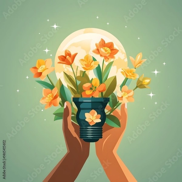 Fototapeta Hands Holding Lightbulb with Flowers against Lunar Glow, a Symbolic Illustration