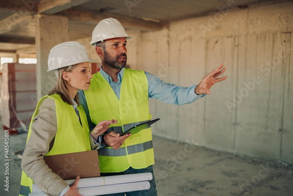Fototapeta Construction workers discussing blueprint plans on building site