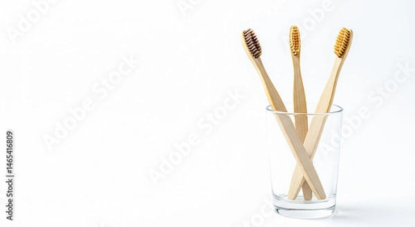 Fototapeta Bamboo toothbrushes resting in glass promoting sustainable oral hygiene