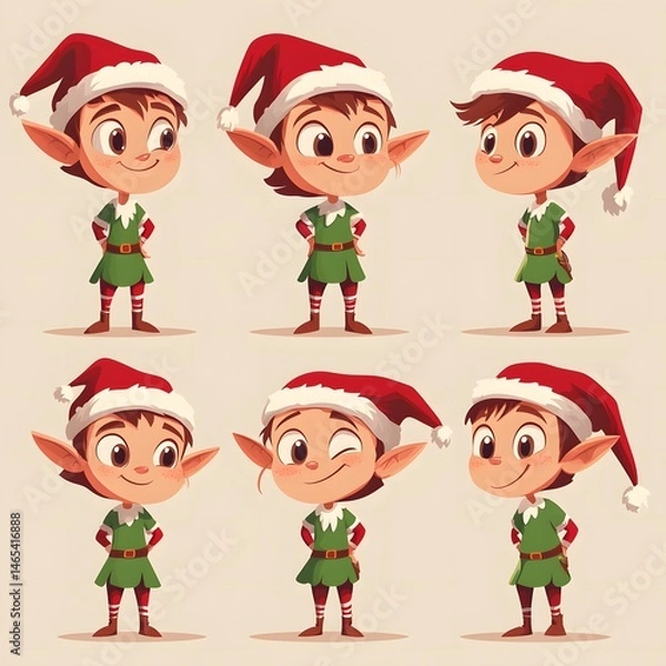 Fototapeta Illustrative Composition of Christmas Elves in Various Poses and Expressions