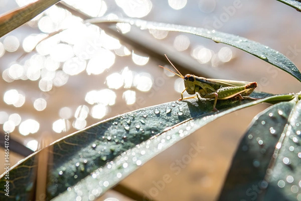 Fototapeta Grasshopper on Dew-Covered Leaf in Morning Light Near Water