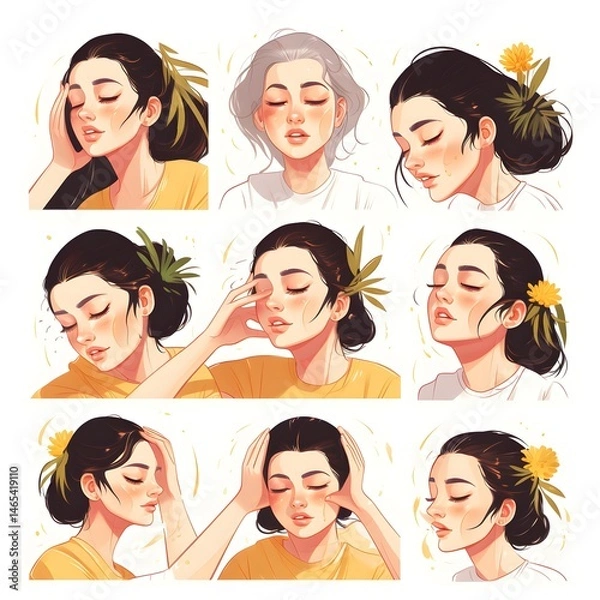Fototapeta Nine stylized images of women in reflective poses, showcasing a range of emotions