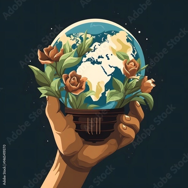 Fototapeta Nurturing Our Planet A Hand Holds the Earth Adorned with Roses