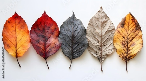 Fototapeta Progression of Decaying Leaves on White Background showing the Lifecycle of Fall
