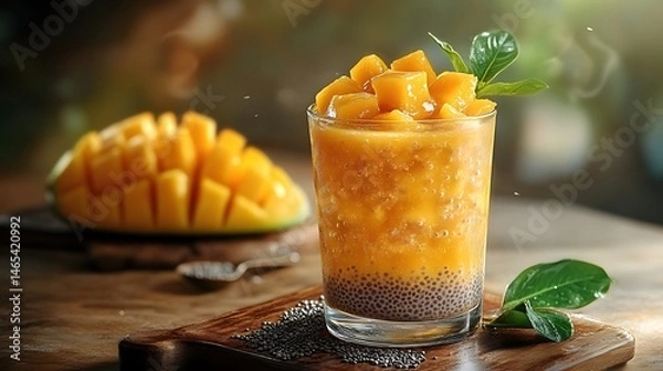 Fototapeta Refreshing Mango Chia Seed Pudding Drink with Fresh Mango Cubes on Top