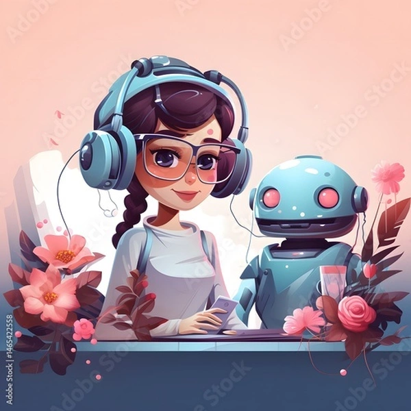 Fototapeta Stylized Illustration of a Girl with Headphones and a Robot Surrounded by Flowers
