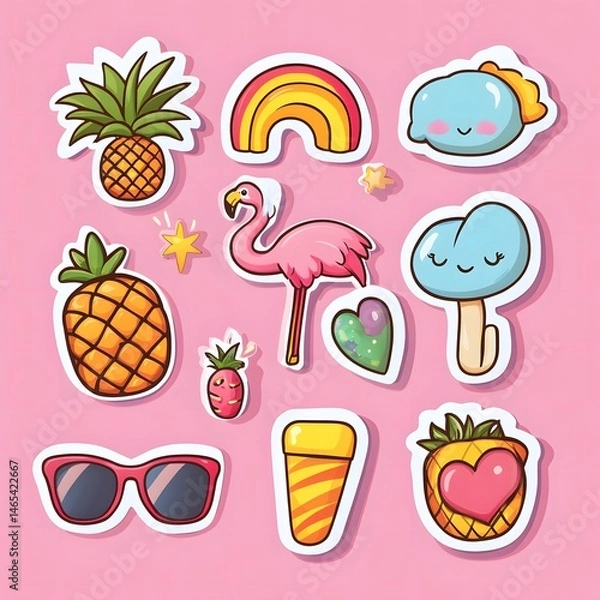 Fototapeta Summer Vibes Sticker Collection with Pineapples, Rainbows and Cute Characters