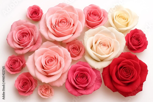 Fototapeta Elegant Arrangement of Pink, Red, and White Roses on White Background – AI Generated Floral Art