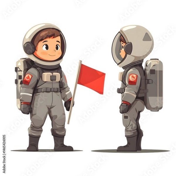 Fototapeta Two young cartoon astronauts exploring a new planet and planting a flag