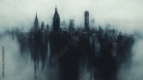 Fototapeta Urban metropolis emerges from the fog, an abstract cityscape of towering buildings