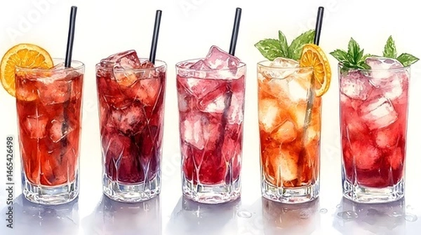 Fototapeta Watercolor painting of assorted cocktails with ice cubes and garnish on white surface
