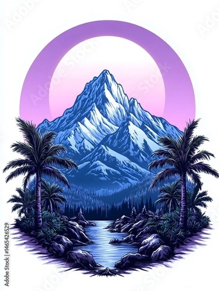 Obraz Serene mountain vista, tropical palms framing a tranquil river, set against a soft purple moon