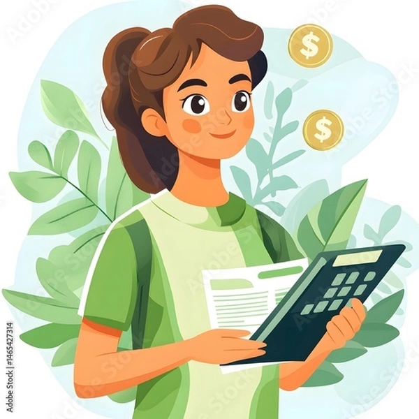 Fototapeta Woman managing personal finances with calculator and documents amidst nature elements
