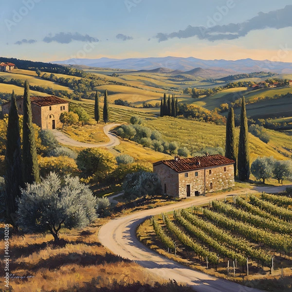 Obraz Serene Tuscan Landscape: Rolling Hills, Vineyards, and Cypress Silhouettes at Sunrise
