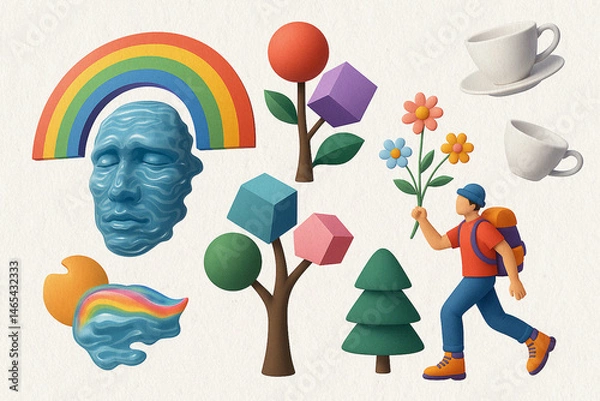 Fototapeta Surreal Retro 3D Illustration with Human Face, Nature Elements, and Playful Objects – AI Generated Art