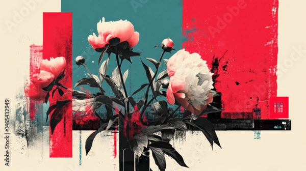 Fototapeta Stylish of blooming peonies, the artwork bathed in expressive pink, teal, and red hues. The grunge background adds edge and depth to this fashion-forward visual campaign.