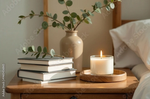 Fototapeta Close-up of a minimalist nightstand with a stack of books, round wooden tray, scented candle, and dried eucalyptus branch, soft golden hour lighting, cozy and calm atmosphere